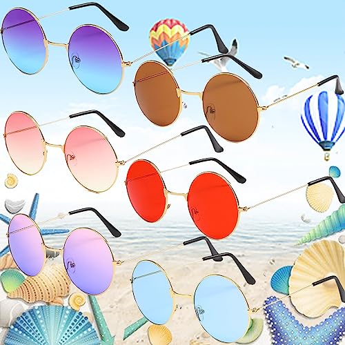 6 Stück Runde Hippie Farbige Brille, Retro Sonnenbrille 60er Jahre Style, Lustige Spiegel Partybrillen, Retro Kostüm Brille, Geeignet für 60er 70er Jahre Party Kostümzubehör, Foto-Requisiten(6 Farben) von dcas