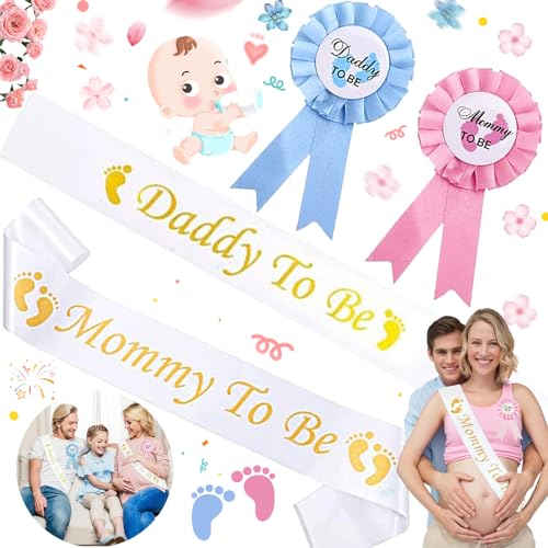 dcas 4 Stück Schärpe Für Baby Shower, Daddy Und Mom to Be Abzeichen, Baby Shower Schärpe Deko Set, Für Baby Willkommensparty, Kleine Fußspuren, Goldene Schriftart(Weiß, Rosa, Blau) von dcas