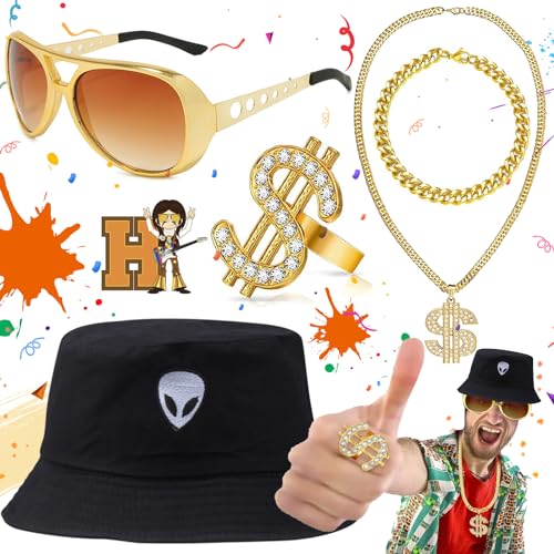 dcas 5 Stück 80er 90er Hip Hop Kostüm Set, Rapper Outfits, Cool Rapper Kostümzubehör, Schwarzer Eimer Hut, Golddollar Zeichen Kettenring Halskette, Sonnenbrille, Unisex, Für Geburtstage Karnevalsparty von dcas