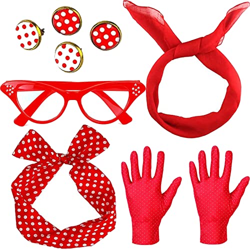 dcas 9 Stück Rockabilly Accessoires 50er, Jahre Kostüm Zubehör Set, Retro Accessoires 50er Kostüm 50er Jahre, Chiffon Schal Polka Dot Bandana Krawatte Stirnband Ohrringe Retro Cat Eye Eglasses(Rot) von dcas