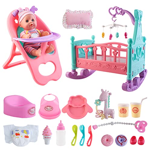 deAO 15-teiliges Spielset Meine erste Babypuppe mit einem Miniaturbett, einem mobilen Kinderbett, einem Hochstuhl, Fütterungszubehör und eine Babypuppe von deAO