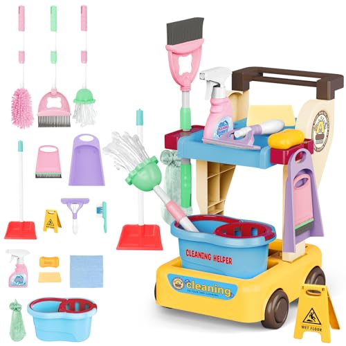 deAO 16-Teiliges Putzwagen Set für Kinder, Kinderreinigungswerkzeuge mit Wagen, Handstaubsauger, Mop, Handfeger, Eimer, kehrschaufel, Besen, Haushaltsspielzeug für Mädchen Jungen ab 3 Jahren (Gelb) deAO 16-Teiliges Putzwagen Set für Kinder, Kinderreinigungswerkzeuge mit Wagen, Handstaubsauger, Mop, Handfeger, Eimer, kehrschaufel, Besen, Haushaltsspielzeug für Mädchen Jungen ab 3 Jahren (Gelb) von deAO