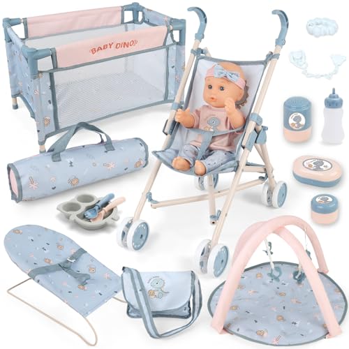 deAO 16 in 1 Babypuppen-Spielset mit 30cm Babypuppe, Reisebett, Puppenwagen, Tasche, Spielbogen, Hochstuhl, Plastik Geschirr, Puppenzubehör, Geburtstagsgeschenk für Mädchen ab 3 Jahr (Blau) von deAO