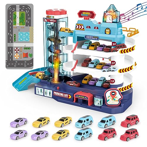 deAO 2 IN 1 Auto Garagen Spielset mit Musik und Lichteffekten für Kinder - tolles Geschenk für Autoliebhaber (15 STK) von deAO