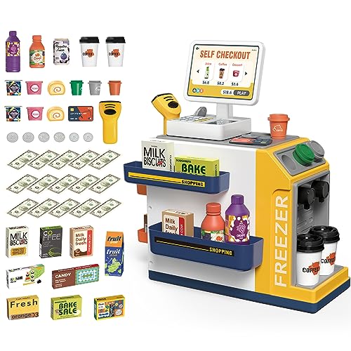 deAO 2 in 1 Kids Supermarket Toy und Kaffeemaschine Spielset, 45PCS mit Spielgeld, Kaufladen Zubehör, Kaufladen Kasse mit Scanner und Sound, Playset für Kinder ab 3 Jahren (Gelb) von deAO