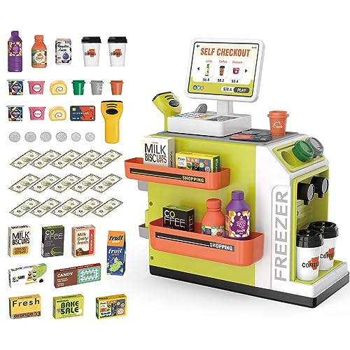 deAO 2 in 1 Kids Supermarket Toy und Kaffeemaschine Spielset, 45PCS mit Spielgeld, Kaufladen Zubehör, Kaufladen Kasse mit Scanner und Sound, Playset für Kinder ab 3 Jahren (Grün) von deAO