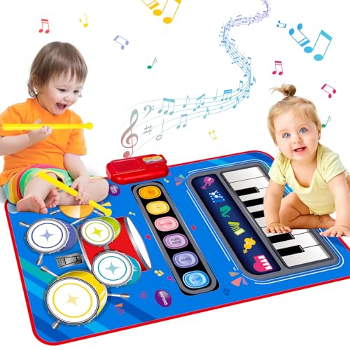 deAO 2 in 1 Musikmatte & Schlagzeug Elektronisch Drum Set, Baby Musikspielzeug mit 6 Liedern, 2 Trommelstöcke, Einstellbare Lautstärke, Piano Matte Tanzmatte Geschenk für Kinder 1-5 (Blau, 50*80CM) von deAO