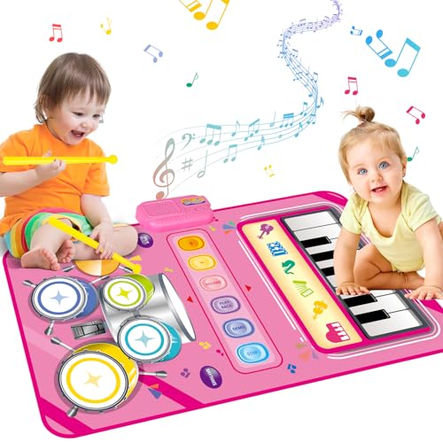 deAO 2 in 1 Musikmatte & Schlagzeug Elektronisch Drum Set, Baby Musikspielzeug mit 6 Liedern, 2 Trommelstöcke, Einstellbare Lautstärke, Piano Matte Tanzmatte Geschenk für Kinder 1-5 (Rosa, 50 * 80CM) von deAO