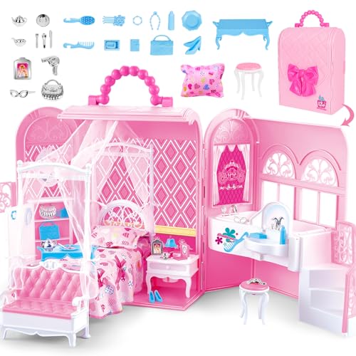 deAO Puppenhaus, Rosa Tragetasche Puppenhaus Klappbar Möbel Familie Spielzeug mit Schlafzimmer Bad, Tragbar Puppenhaus ca. 46 cm hoch mit Tragegriff (Puppe Nicht enthalten) von deAO