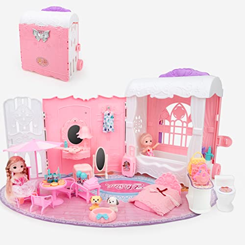 deAO 2-in-1 Rosa Tragbares Puppenhaus Kinder Spielset Klappbare Möbel Familienspielzeug Kinderkoffer und Mini-Puppenhaus mit Prinzessinnen-Schlafzimmer-Badezimmer von deAO