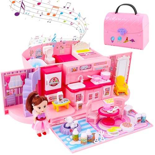 deAO 2 in 1 tragbarem Puppenhaus Dollhouse, Kleines Puppenhaus mit Licht- und Musikfunktionen, Zubehör, Tragetasche und Puppe - tolles Geschenk für Kinder(Rosa) von deAO