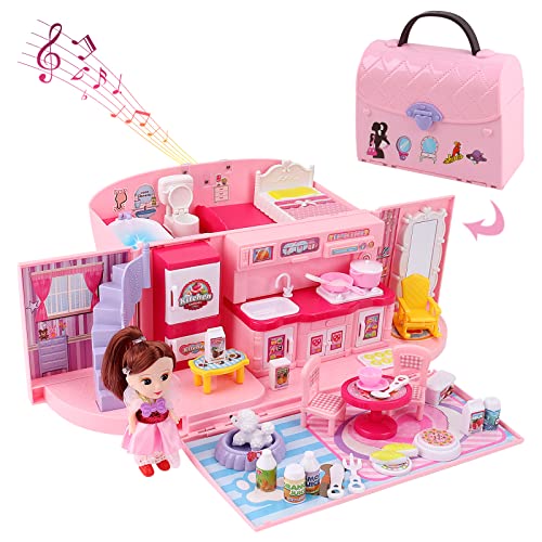 deAO 2 in 1 tragbarem Puppenhaus Dollhouse, Kleines Puppenhaus mit Licht- und Musikfunktionen, Zubehör, Tragetasche und Puppe - tolles Geschenk für Kinder(Rosa) von deAO