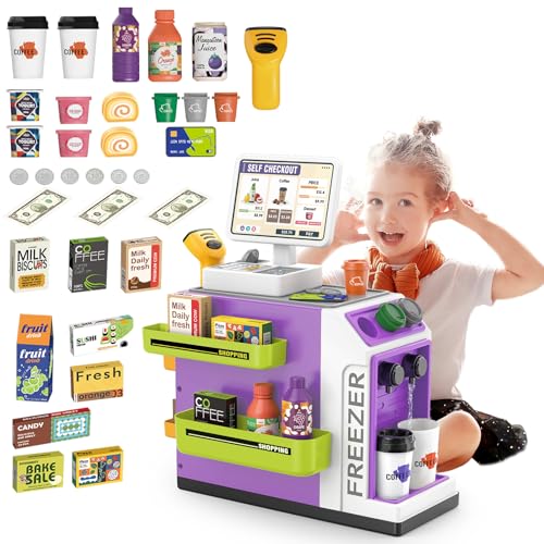 deAO 2 in 1 Supermarkt und Kaffeemaschine Kinder mit Kasse mit Scanner und Sound & Licht, Drücken, um Wasser Auszugeben, 45PCS Kaufladen Zubehör, Spielgeld Kinder ab 3+ von deAO
