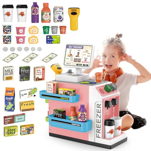 deAO 2 in 1 Supermarkt und Kaffeemaschine Kinder mit Kasse mit Scanner und Sound & Licht, Drücken, um Wasser Auszugeben, 45PCS Kaufladen Zubehör, Spielgeld Kinder ab 3+ von deAO