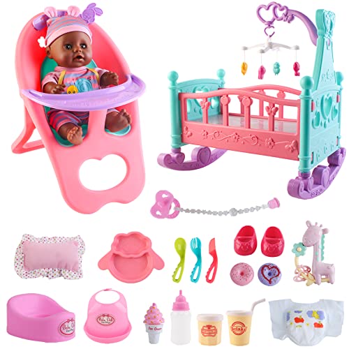 deAO Baby Puppe Puppenset, 21-teiliges Babypuppe Spielset mit Zubehör, Puppenbett & Hochstuhl Geschenk für Kinder Puppenzubehör für Mädchen ab 3 Jahre | Schwarz von deAO