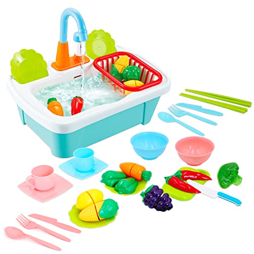deAO 28-teiliges Spielset für die Küchenspüle, inklusive Schneidspielzeug, Küchenutensilien, Wasserhahn und Abfluss, ideal für Kinder von deAO
