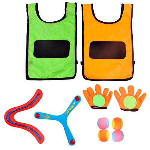 deAO 2er-Pack Selbstklebende Handschuhe, Zielweste und Wurfbälle mit Zwei Bumerang-Fliegeringen - Innen- und Außen -Spiel für Kinder und Erwachsene von deAO