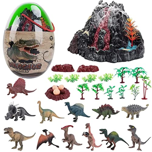 deAO 30 Stück Dinosaurier Realistische Figuren Spielset mit Dino Ei Tragetasche, Zubehör und Vulkan mit Licht-, Sound- und Nebelfunktionen - Lernspielzeug für Kinder Kleinkinder und Jugendliche von deAO