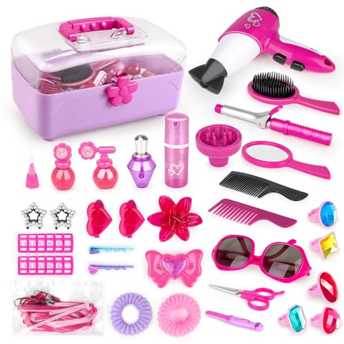 deAO 34-teiliges Friseur- und Glamour-Schminkkoffer, Spielset, Make-up-Zubehör, Pretend Schmuck, Lockenstab und Spielzeug-Haartrockner inklusive, Rosa von deAO