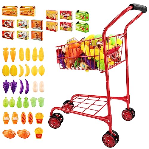 deAO 47 PCS Kinder Einkaufswagen Metall mit Essen Früchte Spielen,Kleiner Supermarktwagen Spielset Küche Spielzeug Set,Kinder-Einkaufskorb Lernspielzeug Geschenk ab 3 Jahren (Red) von deAO