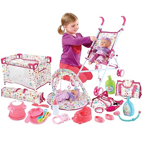 deAO Role Play Games 5-in-1 Deluxe-Baby Spielset mit Puppe, Spielmatte, Reisebett, Babytrage, Kinderwagen und Reisetasche, 12PCS Puppen Zubehör 5in1, 59 x 12 x 38 Centimeters von deAO