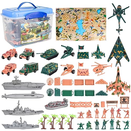 deAO 56-teiliges Militärarmeespielset mit Spielkarte, Spielzeugsoldaten, Militärfahrzeugen, Flugzeugen und Schlachtfeldzubehör inklusive - EIN großer Spaß für Kinder von deAO