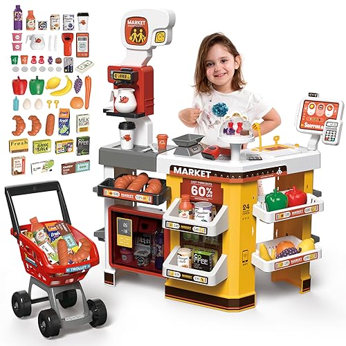deAO Supermarkt mit Einkaufswagen, Kasse, 65PCS Kaufladen Zubehör, Kaufladen Kasse mit Scanner und Sound, Kaufmannsladen Spielzeug für Kinder ab 3 Jahren, Geburtstag deAO Supermarkt mit Einkaufswagen, Kasse, 65PCS Kaufladen Zubehör, Kaufladen Kasse mit Scanner und Sound, Kaufmannsladen Spielzeug für Kinder ab 3 Jahren, Geburtstag von deAO