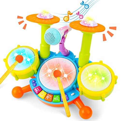 deAO Anfänger Musikalische Tischtrommeln Spielset mit Trommelstöcke, Mikrofon, Lichtfunktionen, interaktive Musik und Sounds für Babys und Kinder von deAO