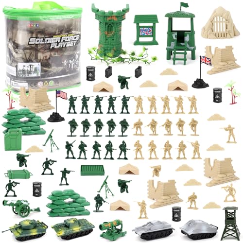 deAO 100-teiliges Militär-Spielset mit Miniatur-Soldaten; Militärfiguren; Tanks; Flugzeuge; Flaggen; Transport- und Kampfzubehör von deAO