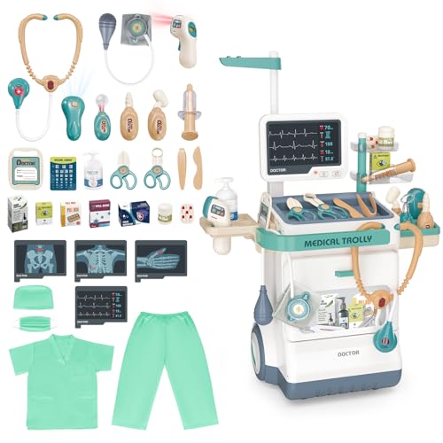 deAO Artztkoffer Dokotorset Rollenspiel Kinder, Doktorkoffer Arztwagen Spielzeug mit Stethoskop Thermometer Spritze Arzt Set Doktor Medical Spielzeug Geschenke für Kinder ab 3 (Grün) von deAO