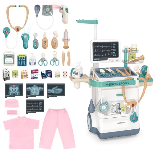 deAO Artztkoffer Dokotorset Rollenspiel Kinder, Doktorkoffer Arztwagen Spielzeug mit Stethoskop Thermometer Spritze Arzt Set Doktor Medical Spielzeug Geschenke für Kinder ab 3 (Rosa) von deAO