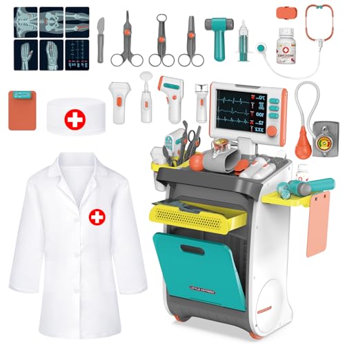 deAO Arztkittel Doktor Spielset Rollenspiel Kit, Arztwagen Arztkoffer Kinder Doktorkoffer mit Stethoskop, Thermometer, Spritze, Arzt Set, Medizinisches Spielzeug Geschenke für Kinder ab 3 (Blau) von deAO