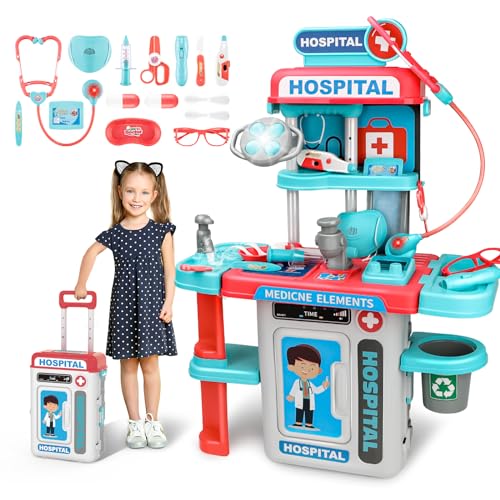 deAO Arztkittel Doktor Spielset Rollenspiel Kit mit Sound Licht, Medizinisches Stationen-Set Doktor Cosplay Sets mit Stethoskop Thermometer Spritze, Medizinisches Spielzeug Geschenke für Kinder ab 3 von deAO