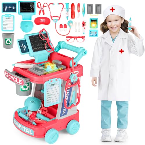 deAO Arztwagen Arztkoffer Kinder, Doktorkoffer Doktor Spielset mit Arztkostüm Stethoskop Thermometer Spritze, Arzt Set zum Rollenspiel Doktor Medical Trolley Spielzeug Viel Zubehör Geschenke Kinder deAO Arztwagen Arztkoffer Kinder, Doktorkoffer Doktor Spielset mit Arztkostüm Stethoskop Thermometer Spritze, Arzt Set zum Rollenspiel Doktor Medical Trolley Spielzeug Viel Zubehör Geschenke Kinder von deAO