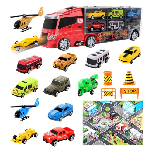 deAO Transporter-LKW-Tragetasche für Autos Spielset-Träger mit insgesamt 12 verschiedenen Fahrzeugen, Zubehör und Spielkarte von deAO