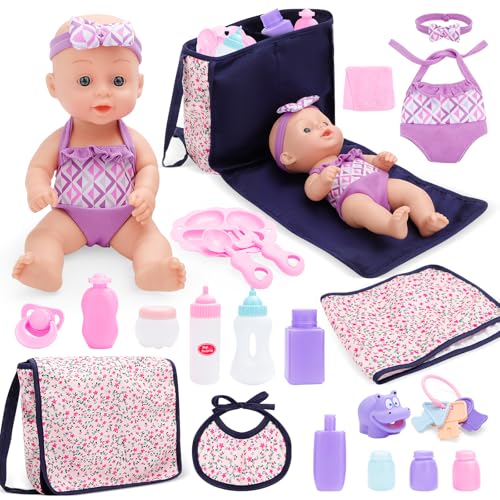 deAO Baby Puppen-Set, 22-teiliges Babypuppe Fütterung und Pflege Set, 28CM Puppenspielzeug mit Puppenwickeltasche, Bett, Flaschen, Lätzchen, Tafelgeschirr, Badezubehör für Kinder ab 3 Jahren deAO Baby Puppen-Set, 22-teiliges Babypuppe Fütterung und Pflege Set, 28CM Puppenspielzeug mit Puppenwickeltasche, Bett, Flaschen, Lätzchen, Tafelgeschirr, Badezubehör für Kinder ab 3 Jahren von deAO