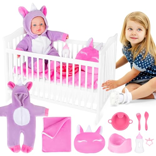 deAO Baby-Puppen-Set mit 18” Baby-Puppenbett und 14” New Born Spielpuppe, Baby Puppen Zubehörset mit Overall Puppenkleidung, Babypuppe Fütterung und Pflege Set, 36cm Puppen Geschenk Mädchen 3+ Jahre von deAO