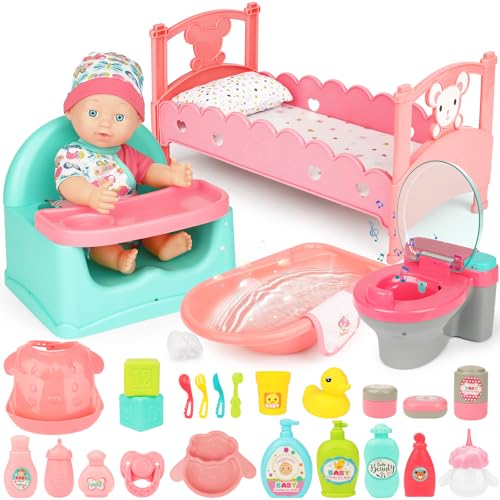 deAO Baby Puppen mit Lebensechten Funktion, 33cm Badepuppe mit Strampler Puppenbadewanne Bett Sitz, Kann Trinken und PIPI Machen, 31 Teile Spielpuppe mit Zubehör Geschenkset für Kinder ab 3 Jahren von deAO