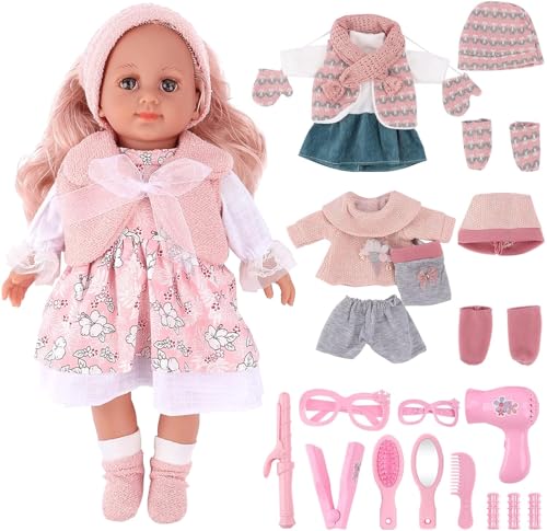 deAO Babypuppen-Spielset, Kleid Spiel Set für 36cm Puppe mit 3 Outfits und Puppenzubehör zum Kämmen und Frisieren, Puppe mit Langen Rosa Haaren Tolles Rollenspiel-Spielzeug für Kinder von deAO