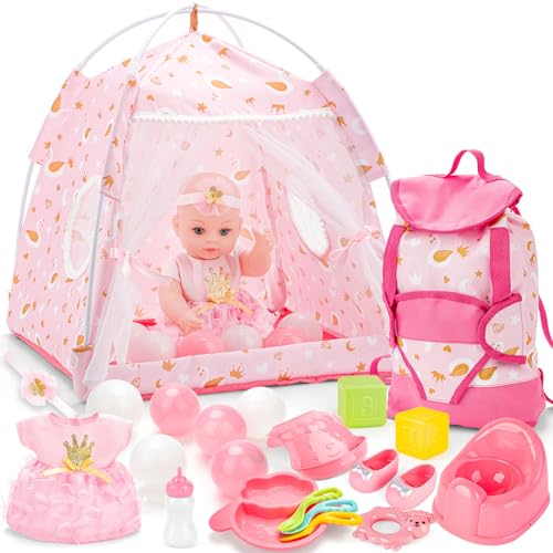 deAO Babypuppen-Spielset mit 30cm Babypuppe, Puppenkleidung, Zelte und Zubehör, Babytrage, Aufbewahrungstasche, Bälle, Spielzeug, Rollenspiel, Geburtstagsgeschenk für Mädchen ab 3 Jahren von deAO