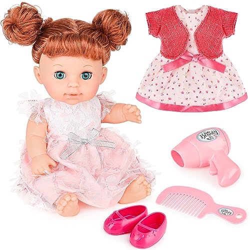 deAO Babypuppen mit Zubehörset - Schuhe, Fön, Kamm, 2 Kleid, 28cm Blinkende Puppe Lange Haare Frisierkopf, Geburtstagsgeschenke für Mädchen von deAO