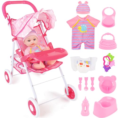 deAO Bambola Passeggino Accessori Playset, Babypuppe Rollenspielset Puppen Set mit 12” Puppe, Puppenkleidung, Puppenwagen, Babypuppe Fütterungsspielzeug Set, 13-teiliges Set deAO Bambola Passeggino Accessori Playset, Babypuppe Rollenspielset Puppen Set mit 12” Puppe, Puppenkleidung, Puppenwagen, Babypuppe Fütterungsspielzeug Set, 13-teiliges Set von deAO