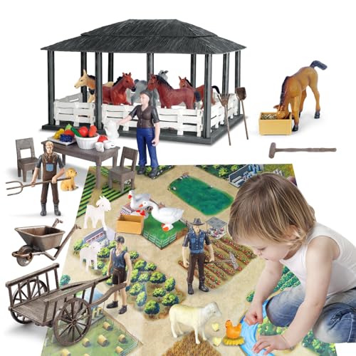 deAO Bauernhof Zubehör Set für Pferde und Bauernhof Tiere mit Pferdestall, 6 Pferde, 4 Bauer, Schubkarre, Heugabel und Mehr, Lernspielzeug für Jungen, Mädchen (34PCS+ Spielzeug Pferdehof Zubehör) deAO Bauernhof Zubehör Set für Pferde und Bauernhof Tiere mit Pferdestall, 6 Pferde, 4 Bauer, Schubkarre, Heugabel und Mehr, Lernspielzeug für Jungen, Mädchen (34PCS+ Spielzeug Pferdehof Zubehör) von deAO