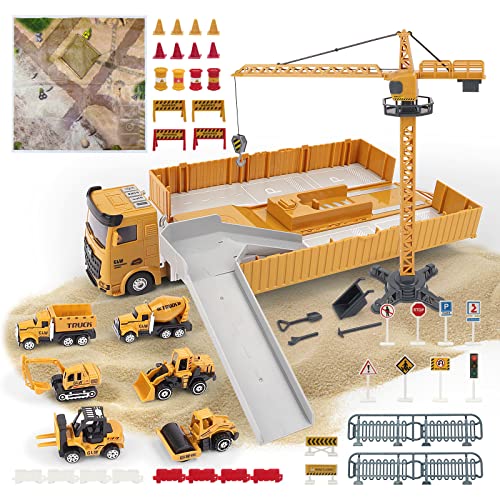 deAO Bauwagen-Set im Maßstab 1:64 enthält Lastwagen mit Bulldozer, Traktor, Gabelstapler, Mischer, Bagger, Kran, Muldenkipper und Zubehör von deAO