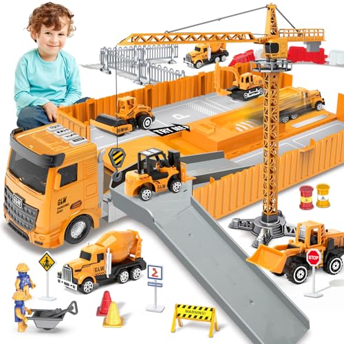 deAO Bausatz-Set mit einem Lastwagen, einem Bulldozer, einem Traktor, einem Gabelstapler, einem Mischer, einem Bagger, einem Kran und einem Muldenkipper – großes Geschenk von deAO