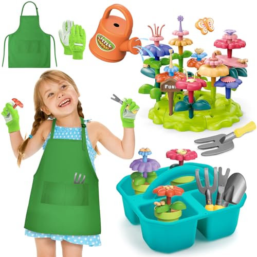 deAO Blumengarten Spielzeugset für Mädchen 3-6 Jährige, Gartengeräte für Kinder, DIY Blumentopf Spielzeug mit Aufbewahrungskiste, Blumentöpfe, Gartenwerkzeug, Gießkanne, Schürze für Kind 3 4 5 6, Grün von deAO