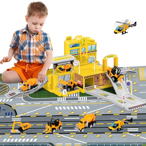 deAO City Baufahrzeuge Construction Station mit Bagger, Hubschrauber, Gabelstapler, Betonmischer-LKW, Baustelle Spielzeug für Kinder mit Spielkarte für Jungen und Mädchen ab 4 5 6 7 Jahren (Gelb) von deAO