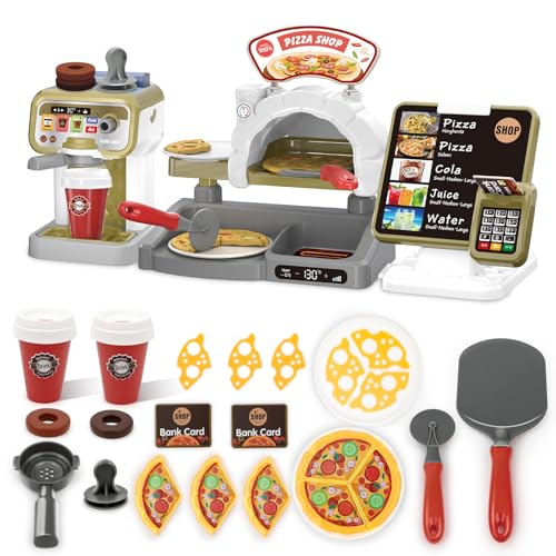 deAO Coffee & Pizza Shop Kinder, Café-Spielzeug für Kinder Inkl. Kaffeemaschine mit Wasser, Lesegerät mit Sound Rollenspiel Spielzeug für Mädchen Jungen ab 2 3 4 von deAO