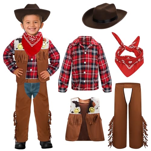 deAO Cowboy Kostüm Kinder, Western Cowboy Cosplay Set mit Bandana Hut Weste Hose Rotes Karohemd, Children Fancy Dress Costume Fasching Karneval Halloween Kostüm für Kinder Jungen 2-3, 4-5, 6-8 (S) von deAO