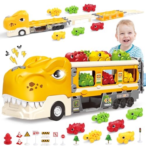 deAO Dino Transport Truck, 2 in 1 Auswurf Truck Spielzeugautos mit 6 Rennautos und 12 Beschilderung, Folding Tragbares Rennbahn Spielzeugauto mit Ton und Licht für Kinder ab 3 Jahren, Gelb deAO Dino Transport Truck, 2 in 1 Auswurf Truck Spielzeugautos mit 6 Rennautos und 12 Beschilderung, Folding Tragbares Rennbahn Spielzeugauto mit Ton und Licht für Kinder ab 3 Jahren, Gelb von deAO